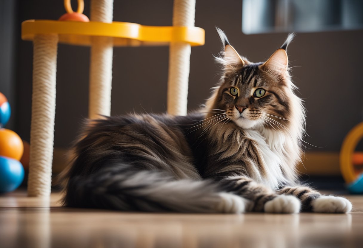 Un gato Maine Coon estirándose y jugando con juguetes de ejercicio en una habitación espaciosa y amigable para gatos, con estructuras para escalar y postes para rascar.