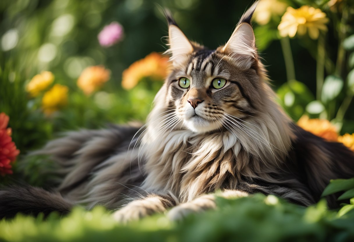 Un gato Maine Coon descansando en un jardín salpicado de sol, rodeado de exuberante vegetación y flores vibrantes, que exuda un aire de salud y longevidad