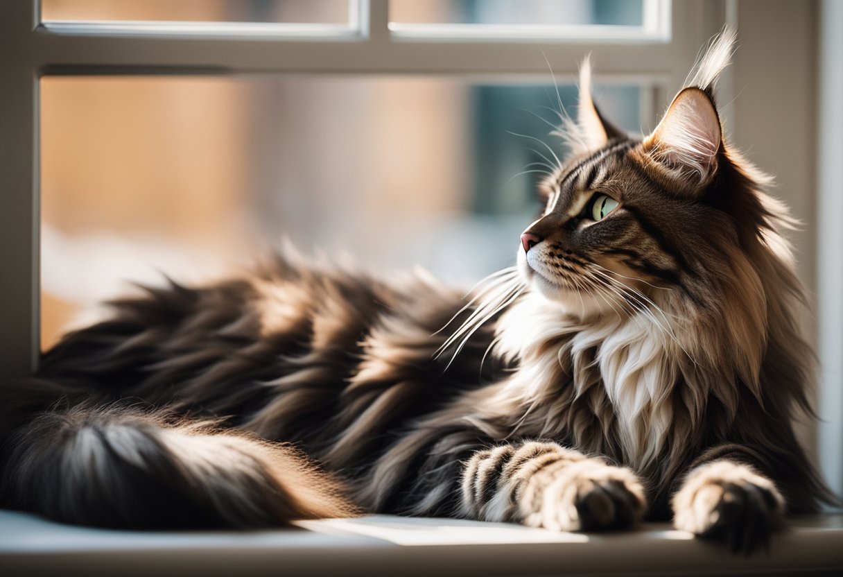 Un majestuoso gato Maine Coon descansando en una ventana iluminada por el sol, con su largo y lujoso pelaje y orejas con mechones a la vista.