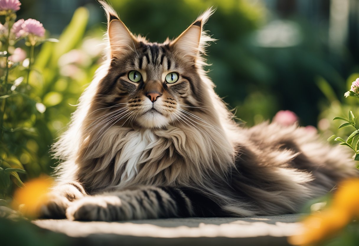 Un majestuoso gato Maine Coon descansando en un jardín iluminado por el sol, rodeado de exuberante vegetación y flores vibrantes