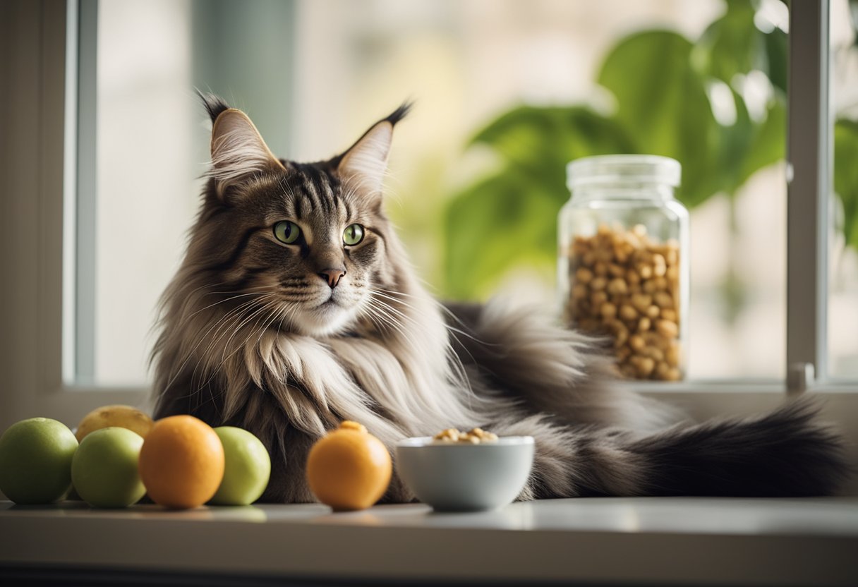 Un gato Maine Coon descansando en una ventana soleada, rodeado de cuencos de comida nutritiva y botellas de suplementos, con un certificado del veterinario exhibido en la pared.