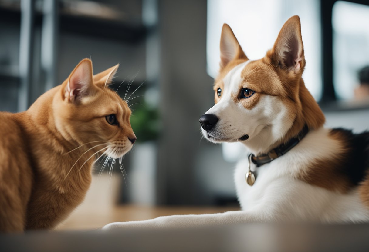 Um cachorro e um gato sentados atentamente, com as orelhas em pé e os olhos focados em seu dono enquanto recebem treinamento de reforço positivo.