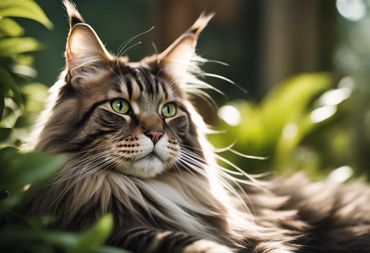 Un gato Maine Coon descansando en una habitación iluminada por el sol, rodeado de exuberantes plantas verdes y acicalándose pacíficamente su largo y lujoso pelaje.