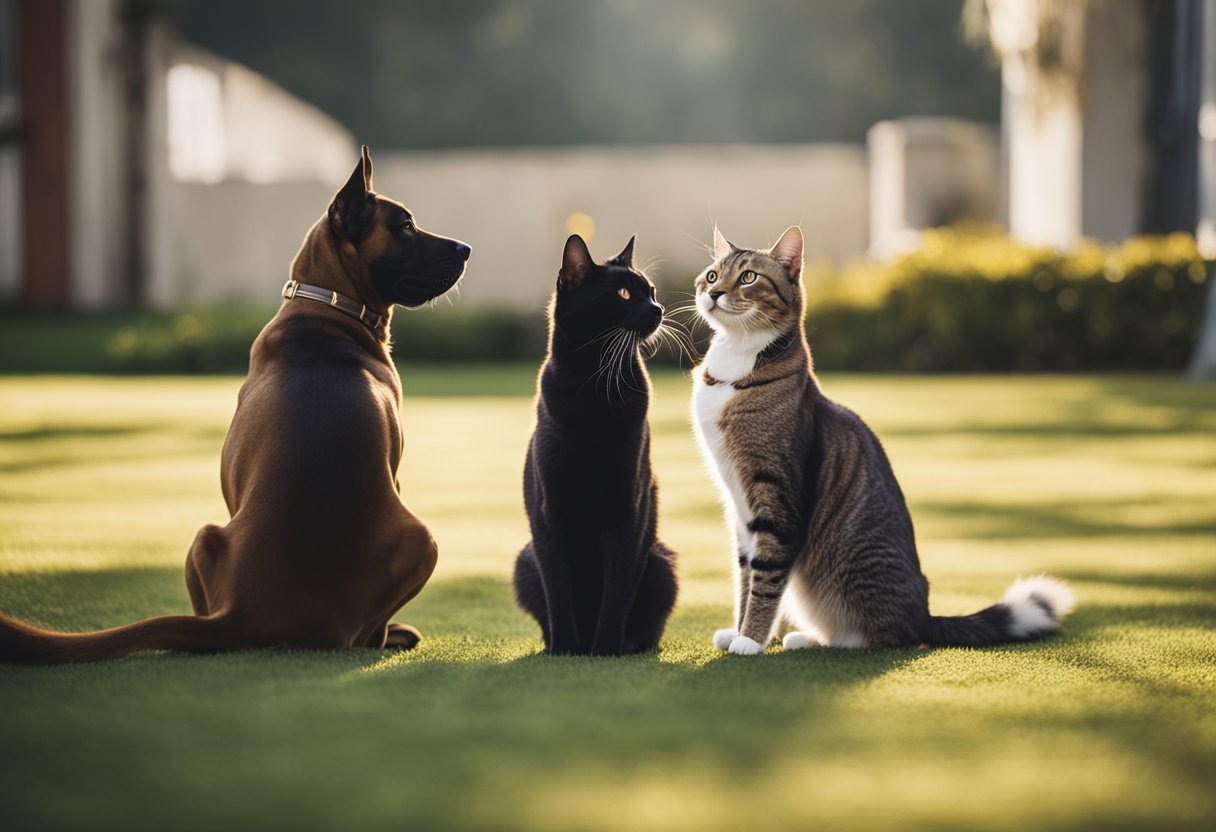 Um cachorro e um gato sentados atentamente ao lado de seus respectivos donos, respondendo positivamente aos comandos de treinamento.