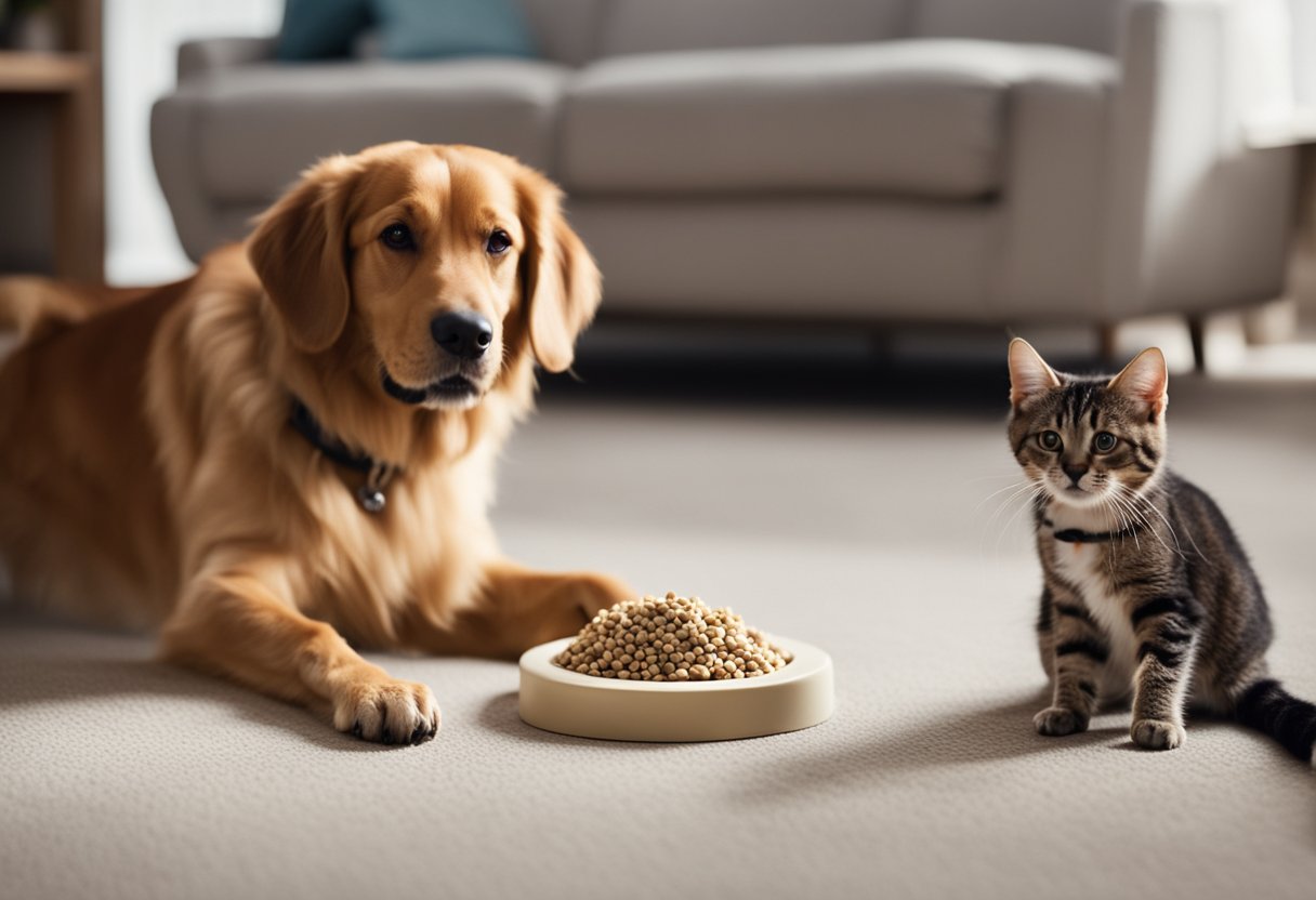 Um cachorro segue comandos alegremente e recebe petiscos, enquanto um gato aprende a usar um arranhador em vez de móveis.