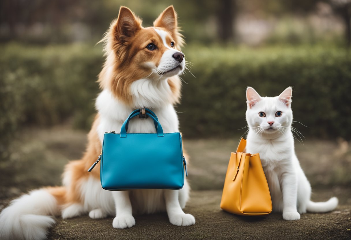 Um gato e um cachorro sentados lado a lado, ambos olhando atentamente para seu dono. O dono está segurando um clicker e uma bolsa de petiscos, pronto para começar o treinamento positivo.