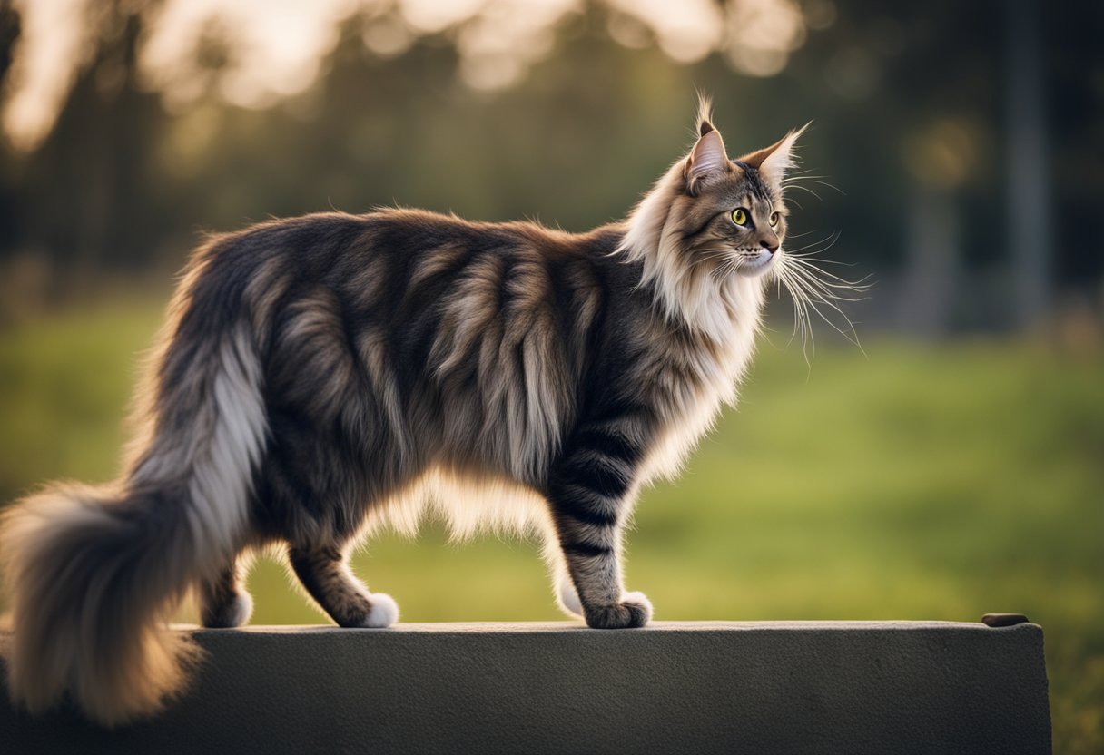 Un gato Maine Coon con una cola gruesa y peluda y orejas con mechones, mostrando síntomas de enfermedades felinas comunes.