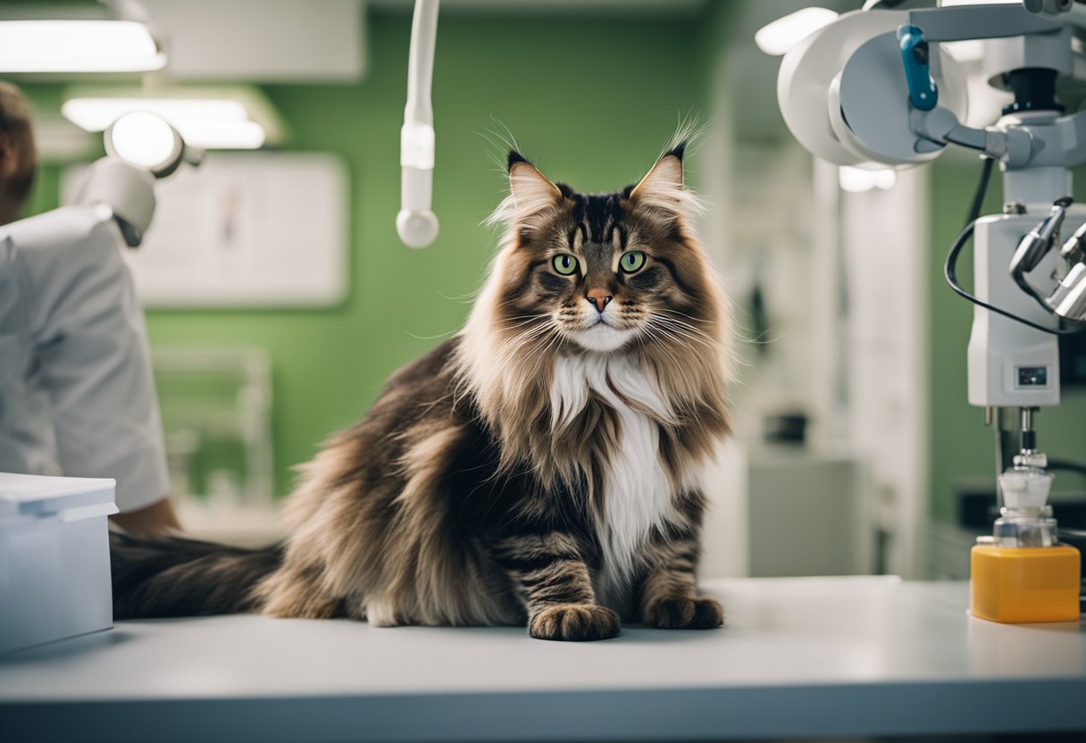 Un gato Maine Coon sentado en una mesa de examen de veterinario, con equipo médico y gráficos de fondo.