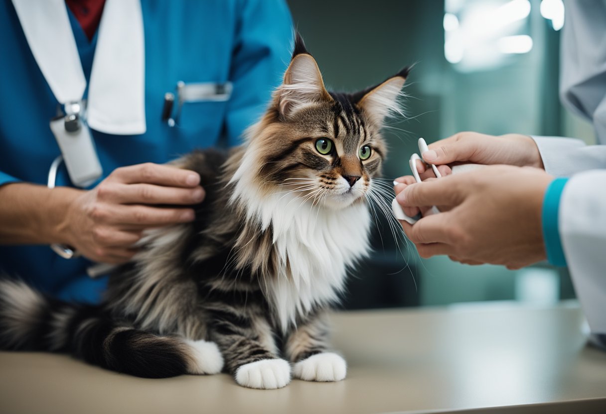 Un gato Maine Coon recibiendo atención preventiva en la clínica veterinaria, con un veterinario realizando chequeos de salud de rutina y discutiendo enfermedades comunes.