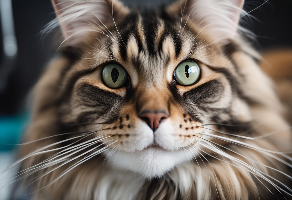 Un gato Maine Coon recibiendo atención veterinaria por problemas de salud comunes, como el aseo, chequeos dentales y vacunaciones.