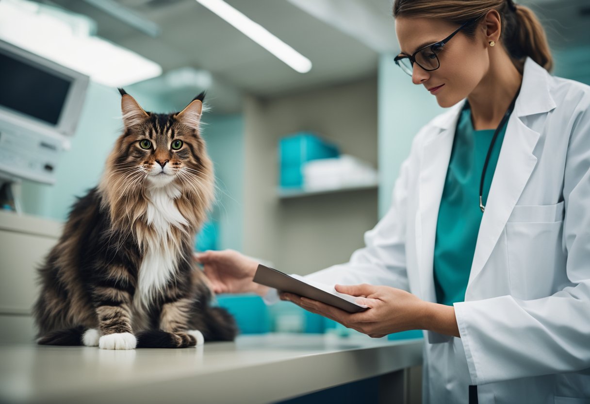 Un gato Maine Coon recibiendo un chequeo y tratamiento de un veterinario en un entorno clínico.