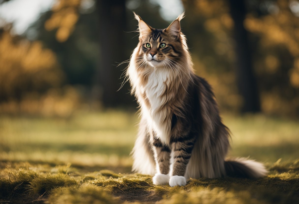 Un gato Maine Coon se erige alto y robusto, con su larga y espesa cola moviéndose detrás de él. Cerca, gatos más pequeños con pelajes más lisos miran al Maine Coon con curiosidad.