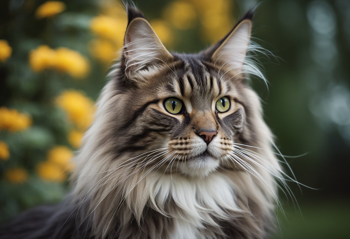 Un gato Maine Coon es más alto y robusto que otros gatos, con orejas con mechones y una cola larga y peluda. Su pelaje es grueso y resistente al agua, y tiene un distintivo collar alrededor de su cuello.