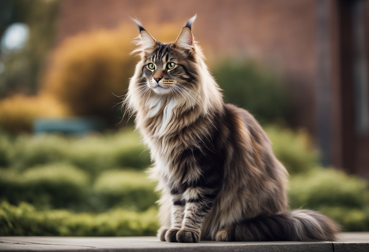 Un Maine Coon se erige alto y majestuoso, sus orejas con mechones y su larga cola peluda lo distinguen de otros gatos.