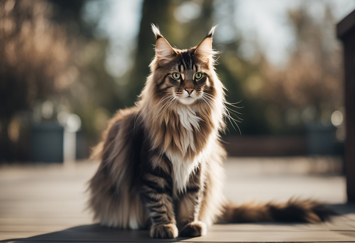 Un Maine Coon se erige con confianza mientras otros gatos se acobardan a su alrededor, mostrando la diferencia en temperamento y comportamiento.