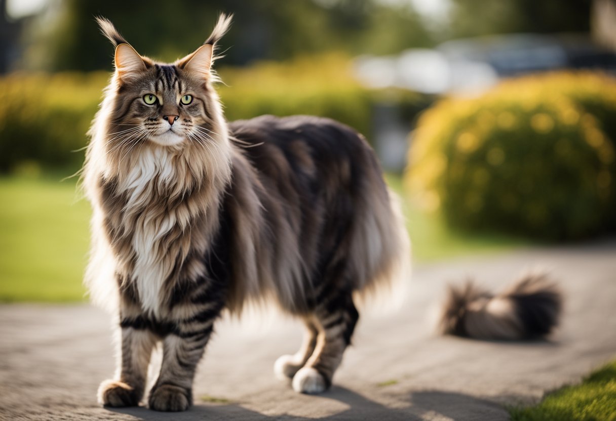 Un gato Maine Coon se erige alto y majestuoso, mientras otros gatos de diferentes razas se sientan o juegan cerca, destacando el tamaño y las diferencias físicas.