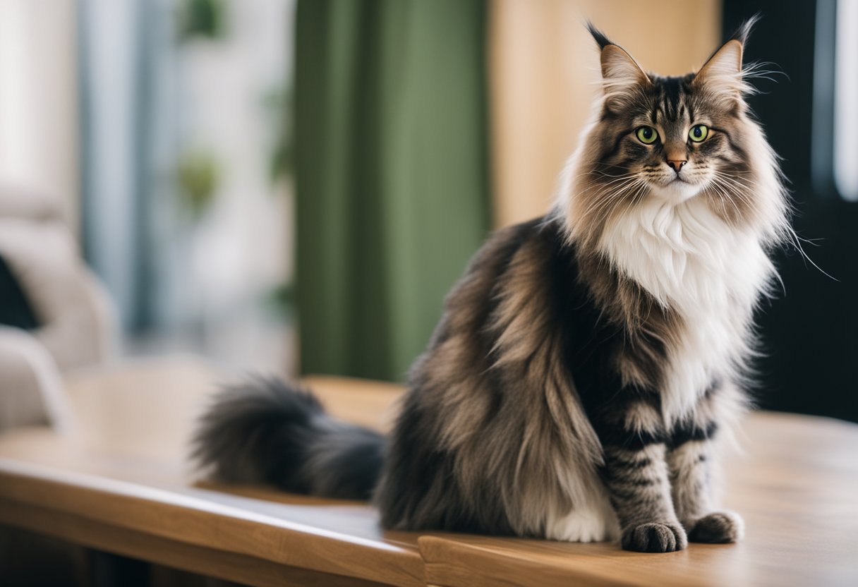 Un gato Maine Coon se erige alto y orgulloso, mientras que otros gatos de varias razas están sentados o jugando cerca. Las diferencias en tamaño, pelaje y características son evidentes.