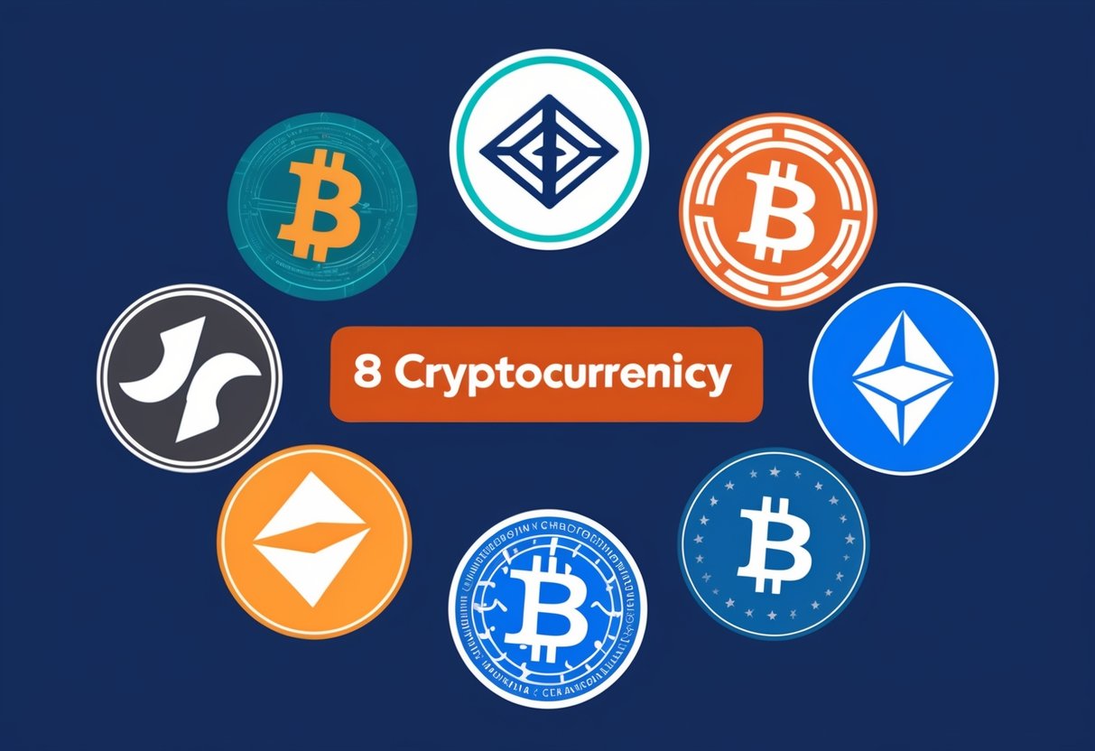 Uma ampla variedade de oito logotipos de criptomoedas dispostos em um círculo, com cada logotipo representando uma oportunidade potencial de sucesso financeiro.