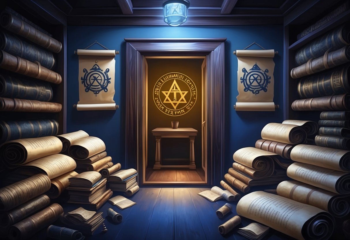 Uma sala pouco iluminada, cheia de pergaminhos antigos e símbolos misteriosos, uma porta oculta levando a uma câmara secreta adornada com o emblema dos Illuminati.