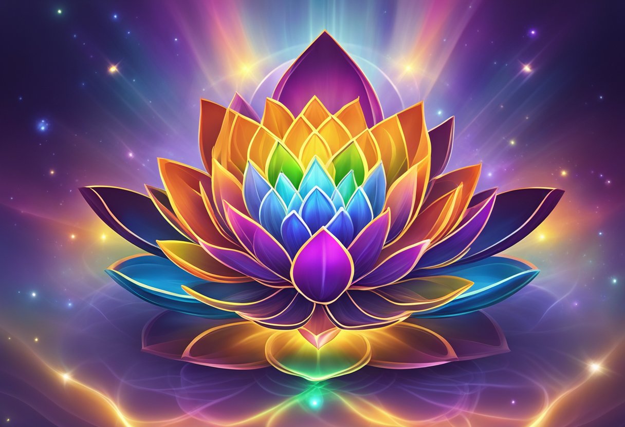 A glowing, multicolored lotus flower for each of the seven chakras, arranged vertically with vibrant energy radiating from each one