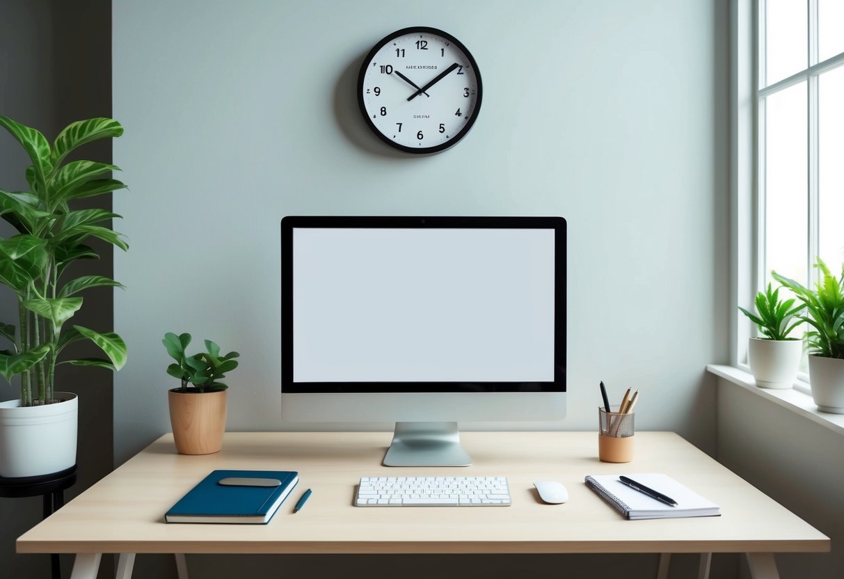 Uma mesa limpa e organizada com um computador, caderno, caneta e uma planta. Um relógio na parede mostra as horas. O espaço é bem iluminado com luz natural entrando pela janela.