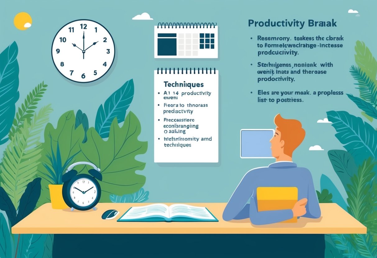 Um ambiente de trabalho sereno com um relógio, calendário e uma lista de técnicas de produtividade. Uma pessoa faz uma pausa, cercada pela natureza, para recarregar as energias e aumentar a produtividade.