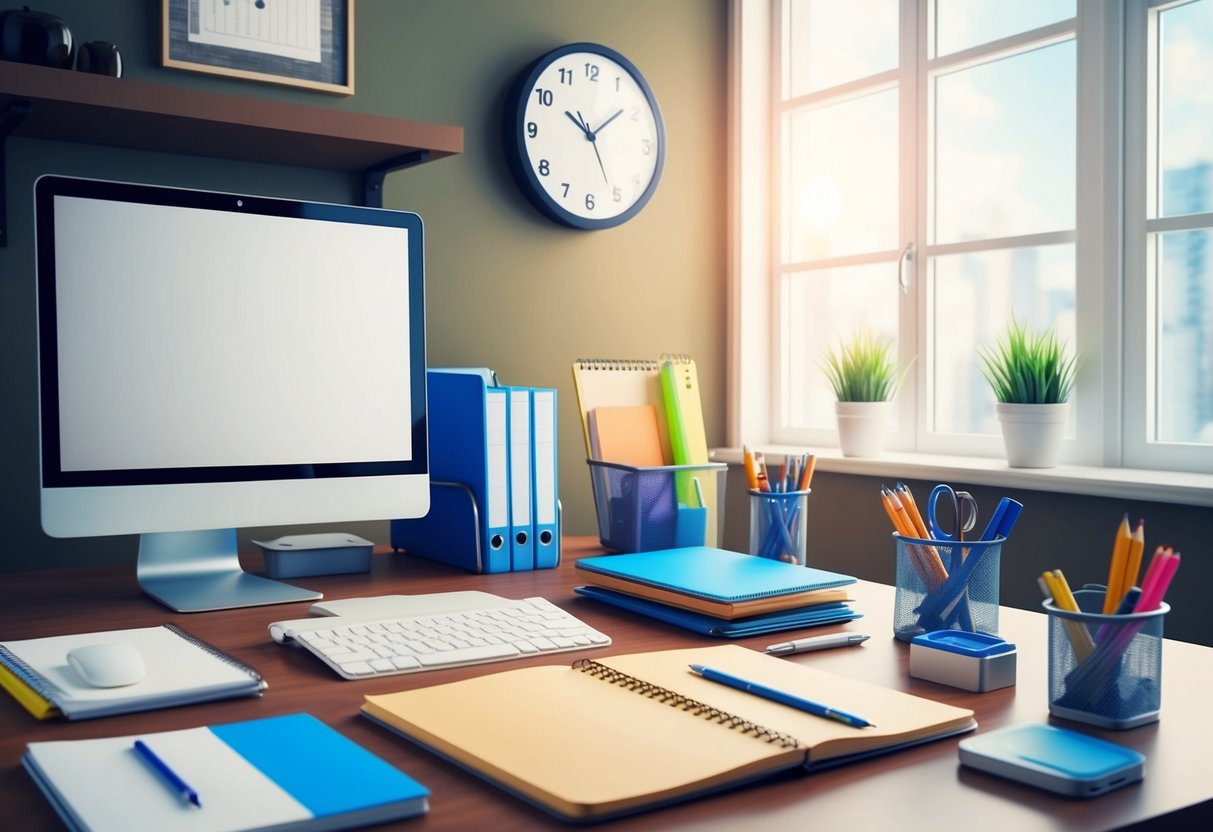 Uma mesa limpa com um computador, um caderno e materiais organizados. Um relógio na parede mostra o tempo passando. Uma atmosfera focada com luz natural entrando pela janela.