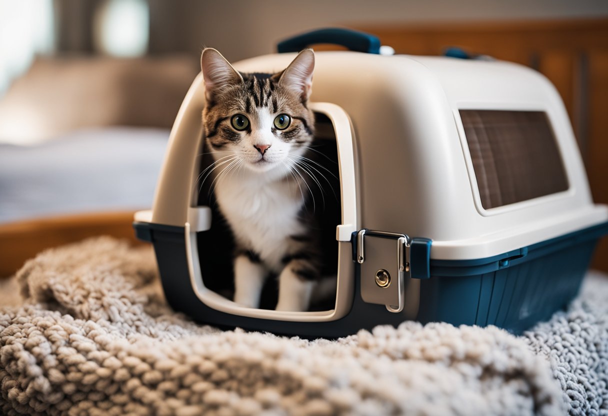 Uma transportadora de gato está aberta em uma cama, cheia de um cobertor aconchegante e um brinquedo favorito. Um arnês e uma guia estão próximos, prontos para uso.