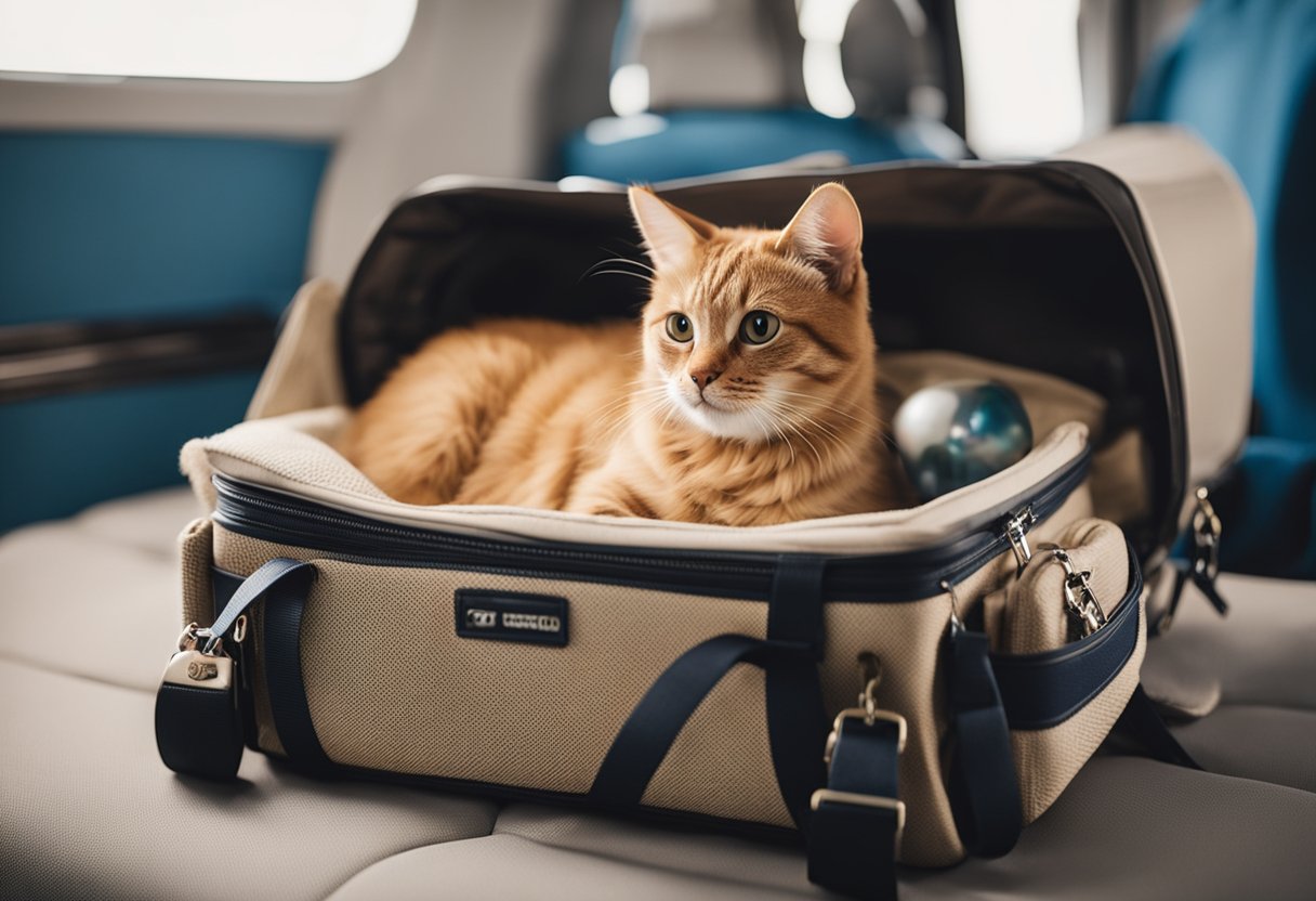 Uma transportadora de gato está aberta em uma cama, cheia de brinquedos e cobertores familiares. Um pequeno arnês e uma coleira estão próximos, prontos para a preparação pré-voo do gato.