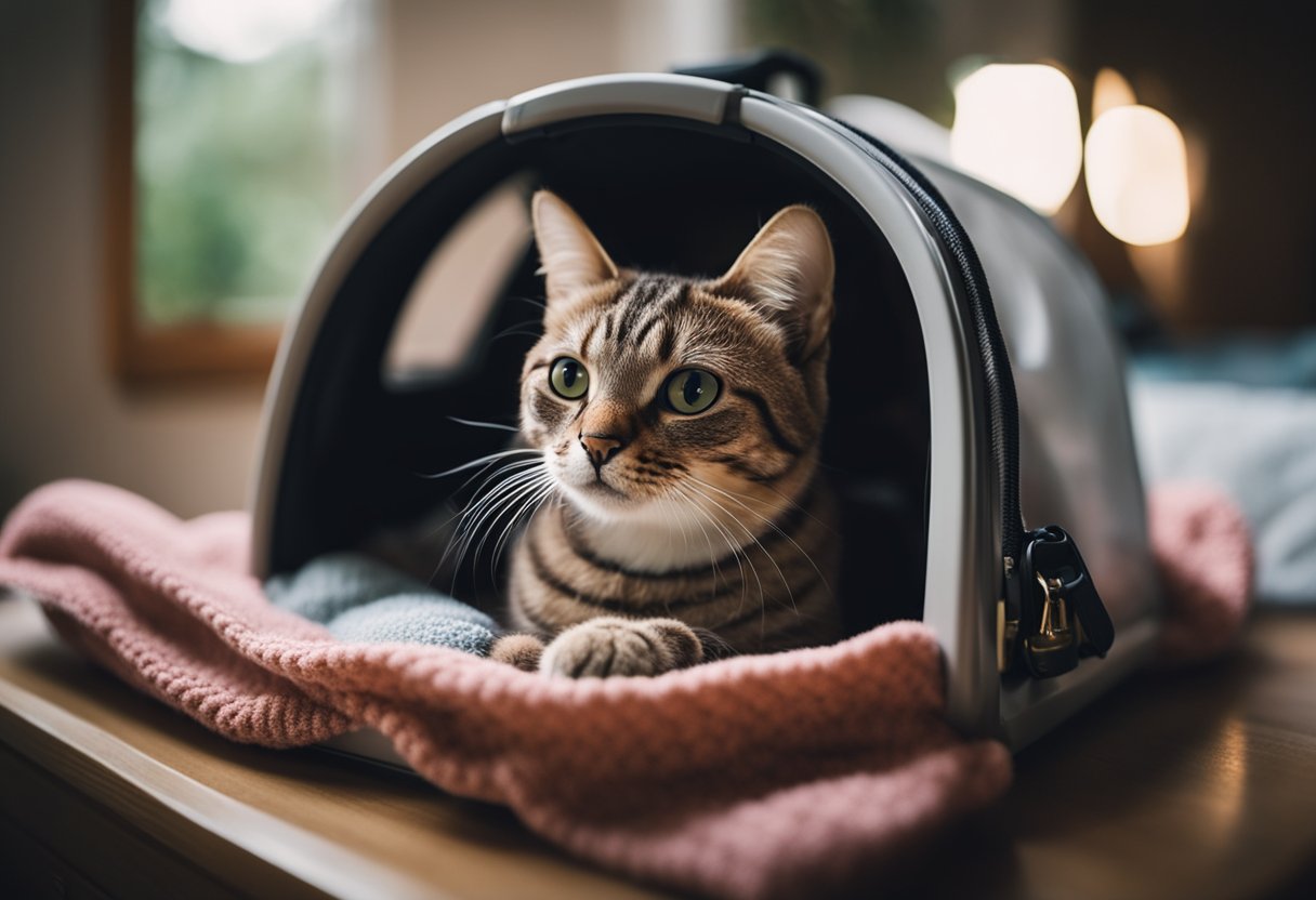 Uma transportadora de gato está aberta em uma cama, cheia de um cobertor aconchegante e um brinquedo favorito. Um pequeno prato de água e um cheiro familiar confortam o viajante felino.