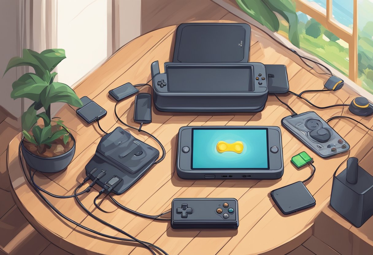 A handheld game console with long battery life sits on a table, surrounded by charging cables and a cozy gaming setup - Long Battery Life Handheld Game Consoles