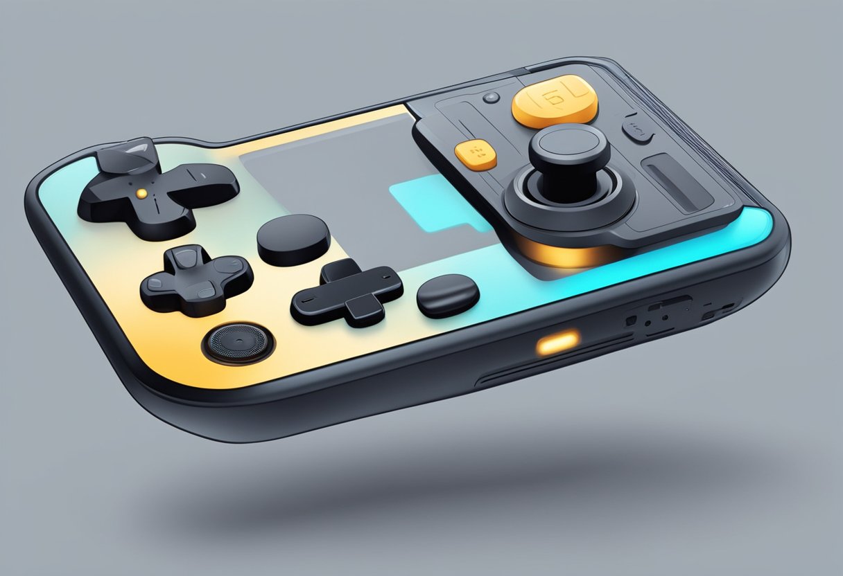 A handheld game console with sleek design elements, featuring a long battery life for extended user experience