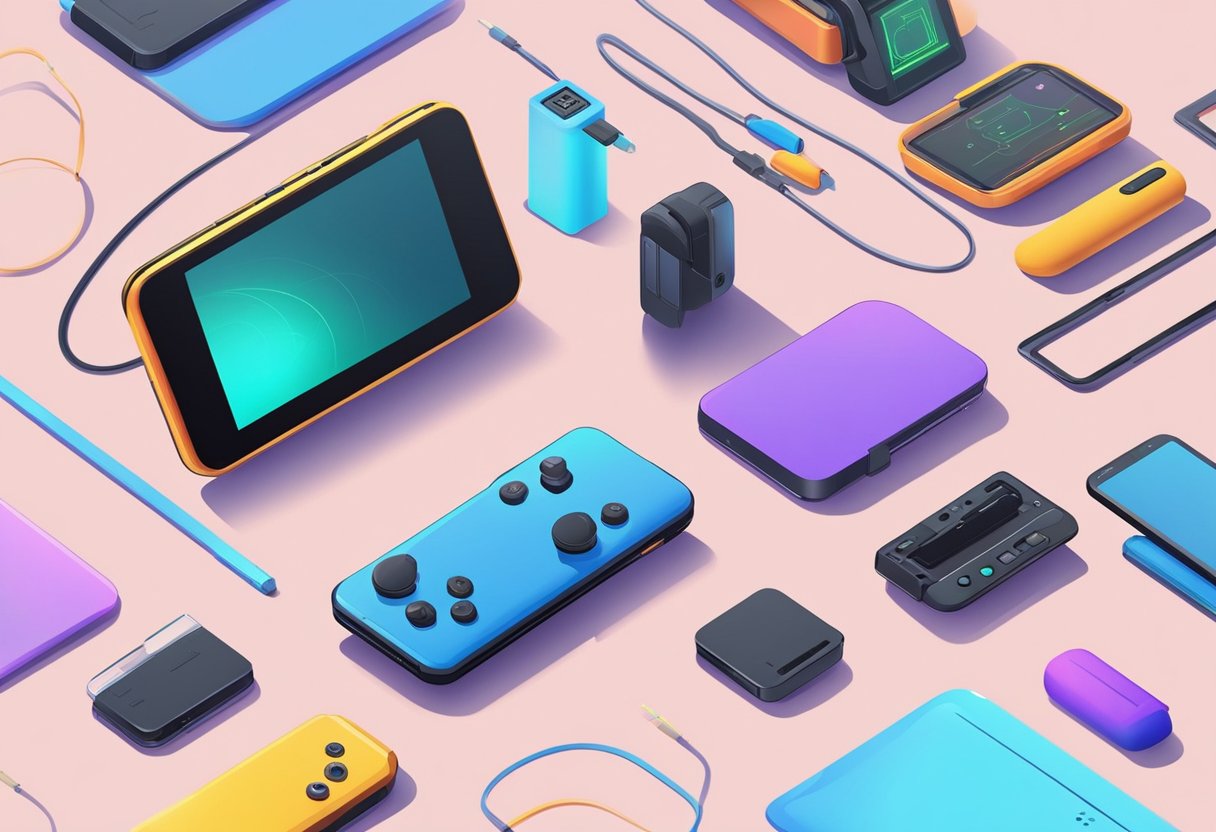 A sleek, modern handheld game console with a long battery life sits on a clean, minimalist table, surrounded by futuristic technology and accessories