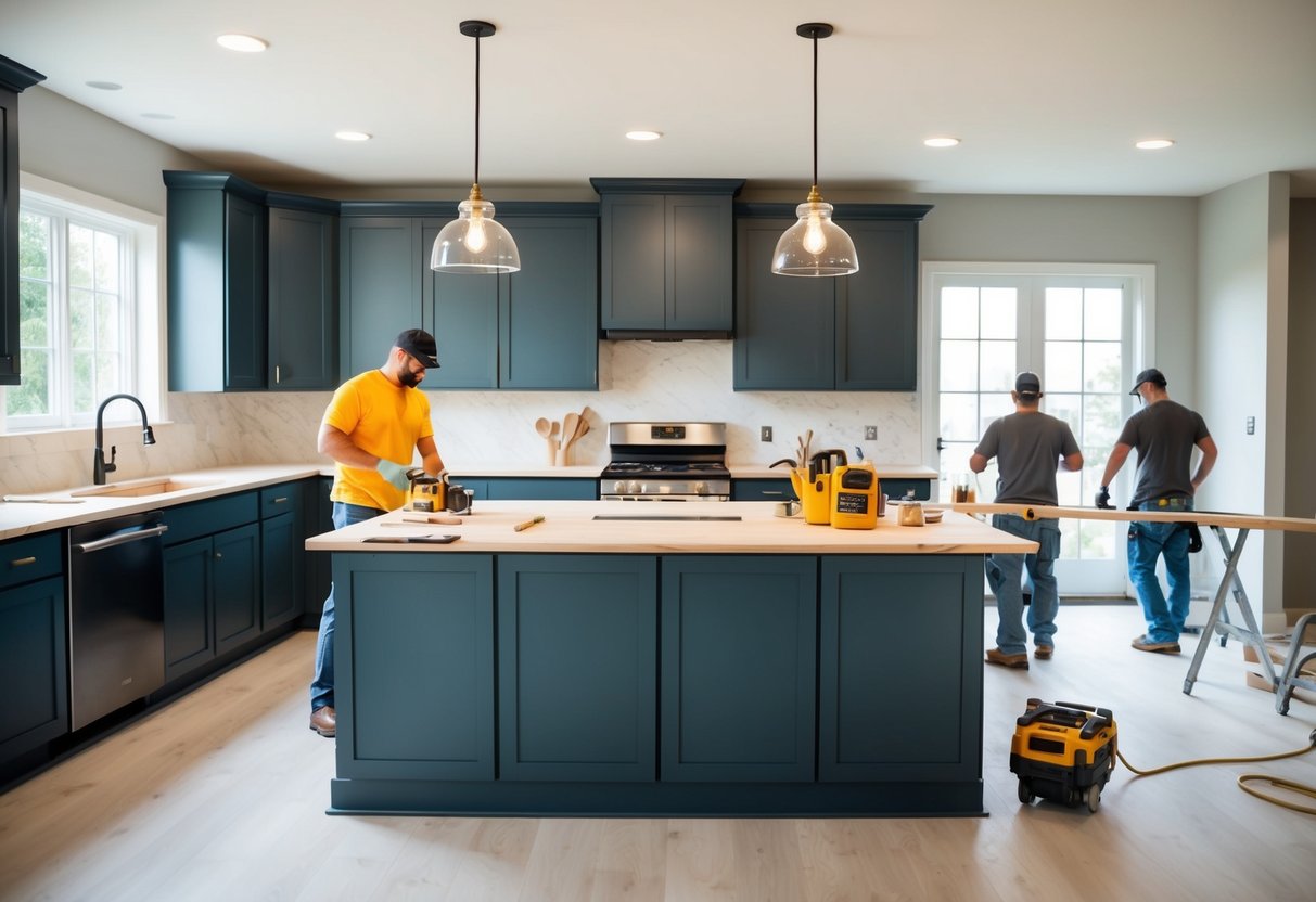 A kitchen being renovated, with new cabinets and countertops being installed, and workers moving around with tools and materials