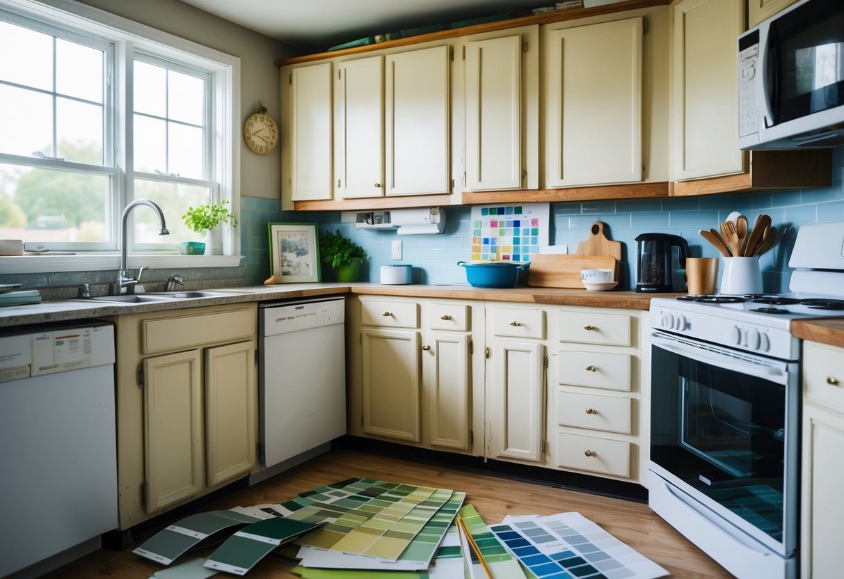 A cluttered kitchen with outdated appliances and worn countertops, surrounded by paint swatches and renovation plans