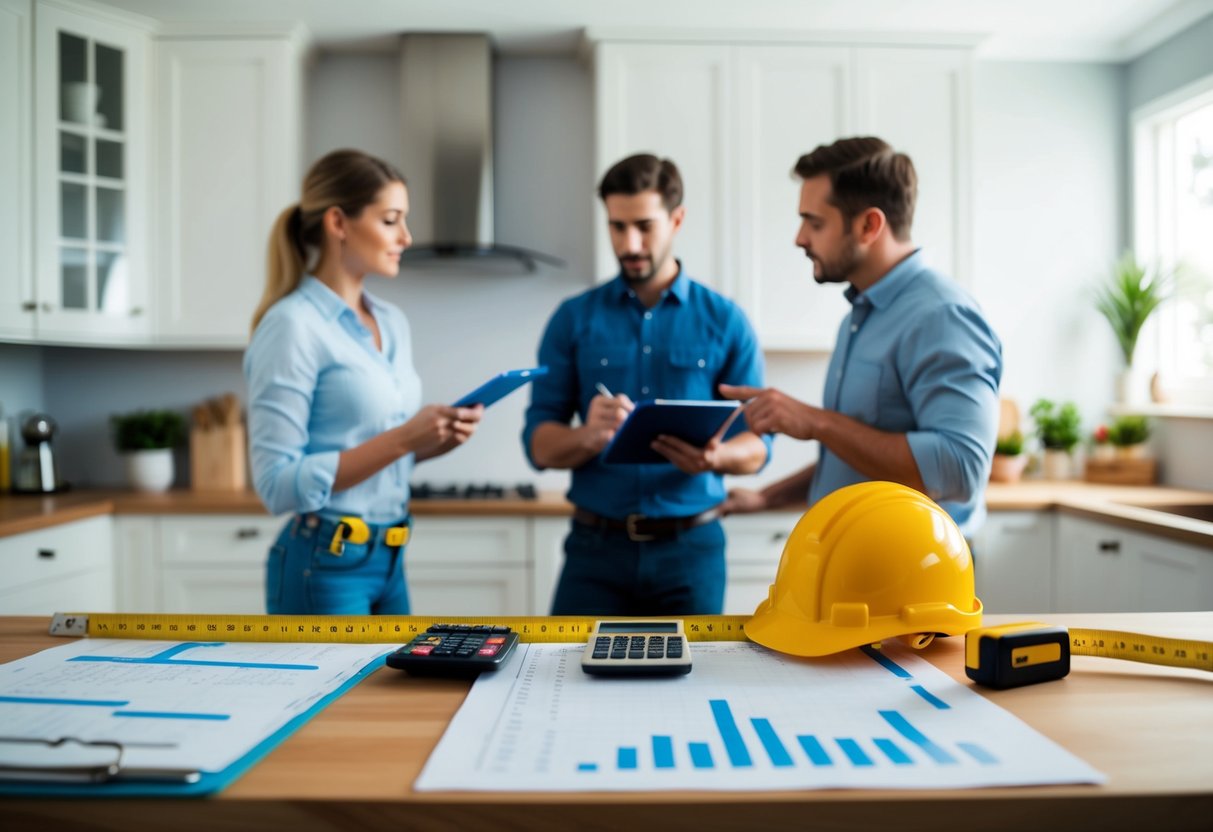 A kitchen with measuring tape, calculator, and budget spreadsheet on the counter, while a contractor discusses costs with the homeowner