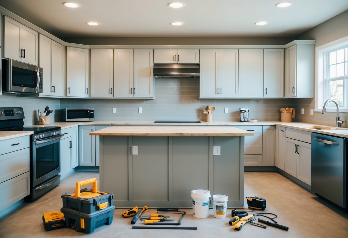 A kitchen with new appliances, countertops, and cabinets being installed, surrounded by tools and materials