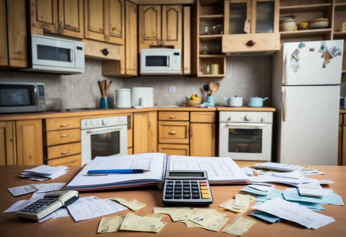 A cluttered kitchen with outdated appliances and worn cabinets, a designer's sketchbook, and a calculator surrounded by scattered receipts and renovation cost estimates