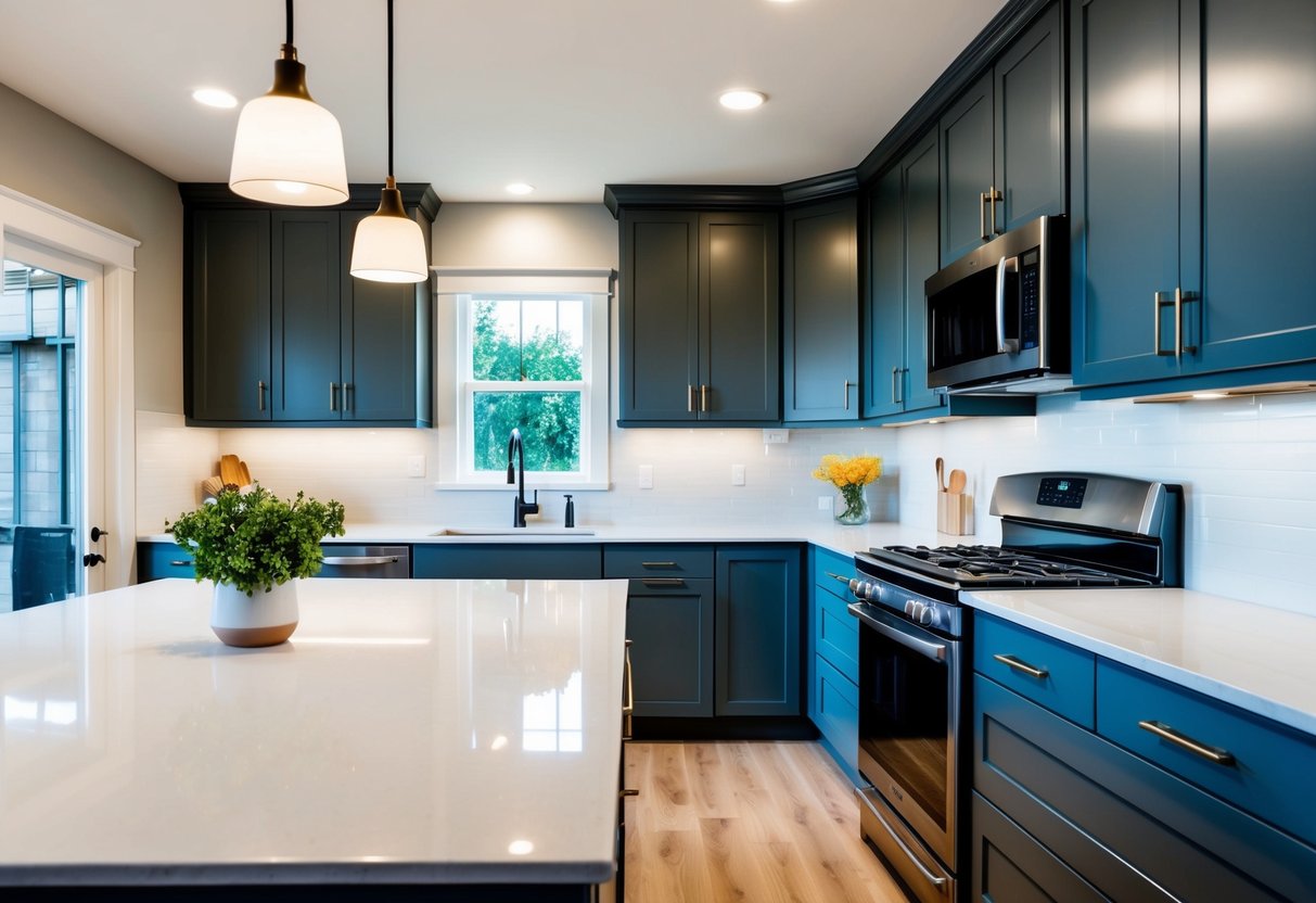 A newly renovated kitchen with modern appliances and sleek countertops, accented by pendant lighting and fresh paint