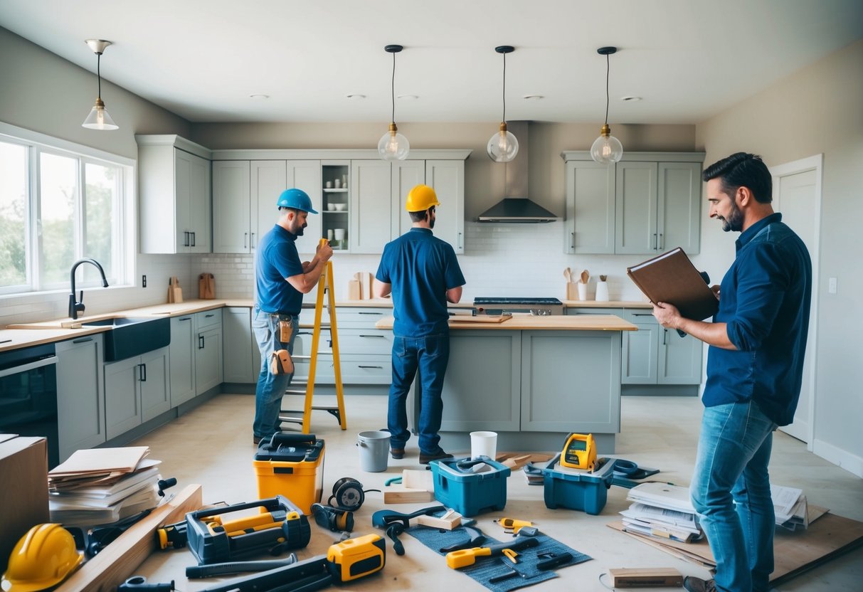 A kitchen with various renovation materials and tools scattered around, a contractor measuring and inspecting the space, while a homeowner looks through a folder of FAQs