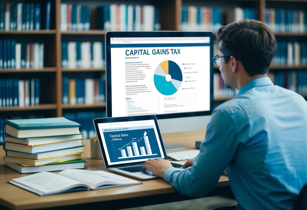 A person researching in a library with various books and documents open on a desk, while a computer screen displays information on capital gains tax