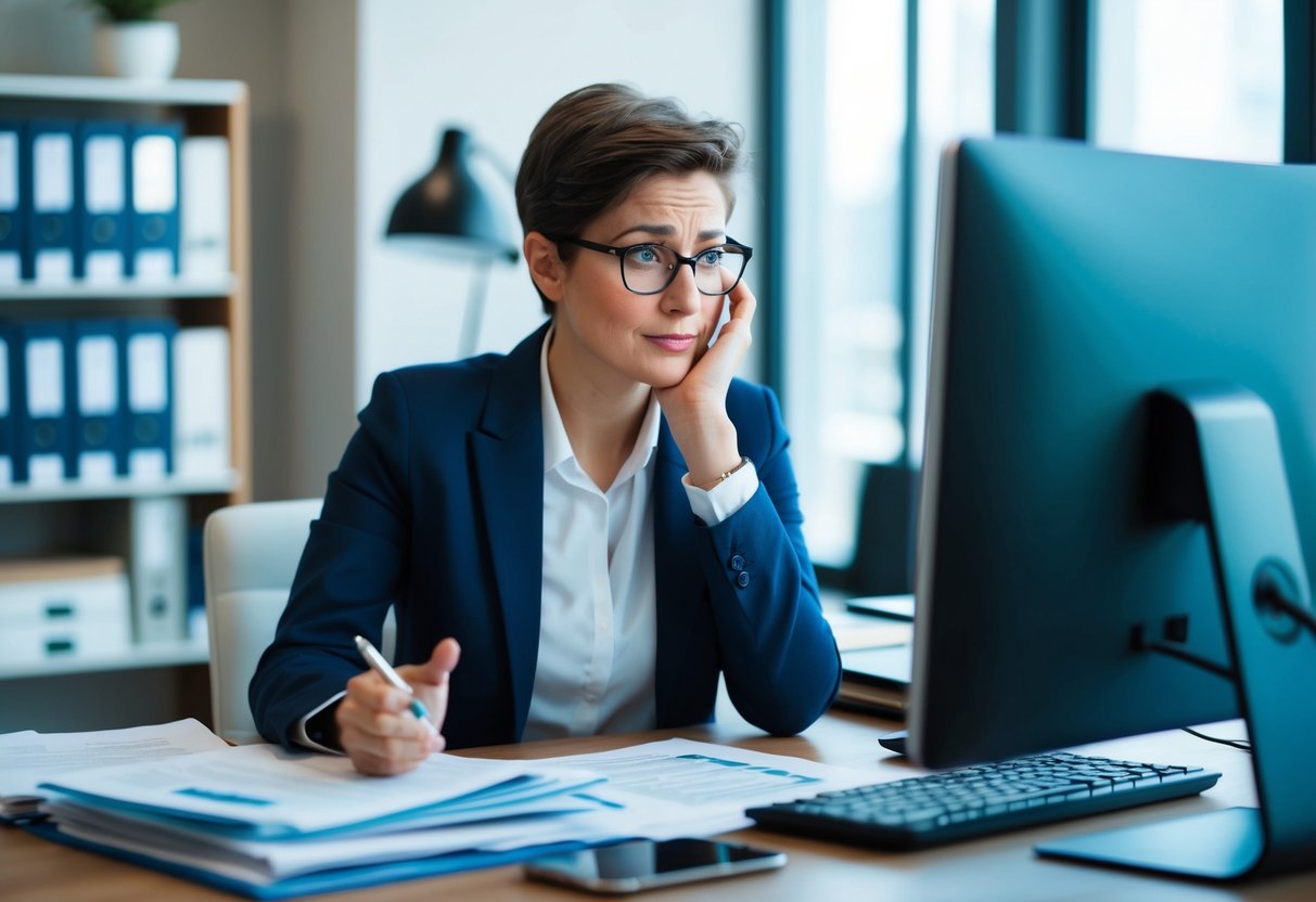 A person researching tax laws, surrounded by financial documents and a computer, with a puzzled expression