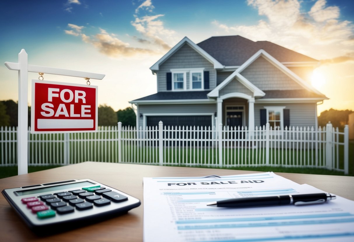 A house surrounded by a fence with a "For Sale" sign, while a calculator and financial documents lay on a table