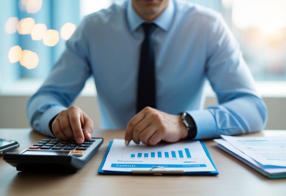 A person sitting at a desk with a calculator and financial documents, pondering the concept of capital gains tax