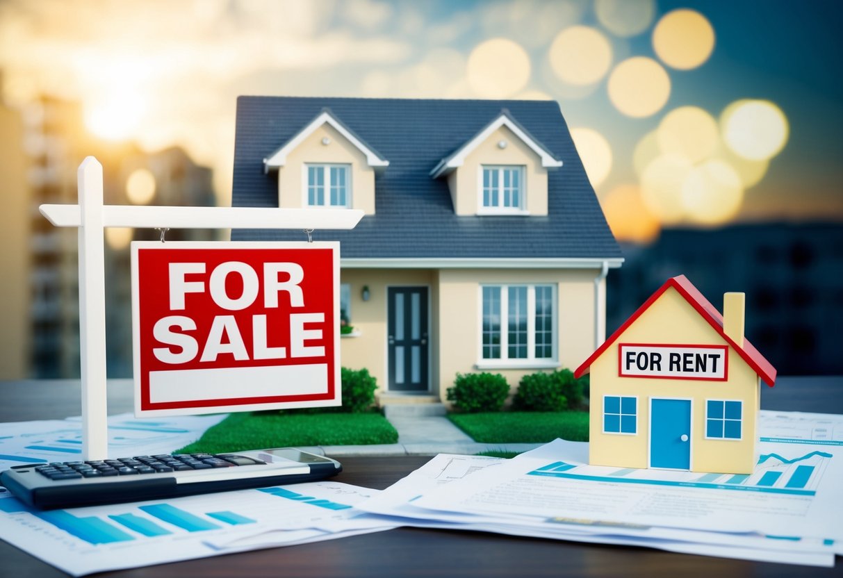 A house with a "For Sale" sign and a smaller house with a "For Rent" sign next to it, surrounded by financial documents and charts