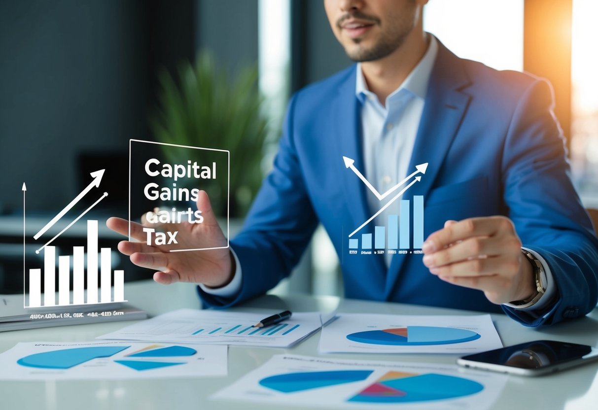 A person explaining capital gains tax with visual aids and charts