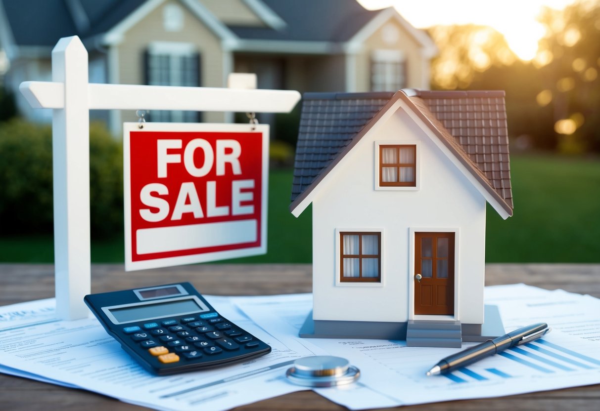 A house with a "For Sale" sign, surrounded by financial documents and a calculator showing negative numbers