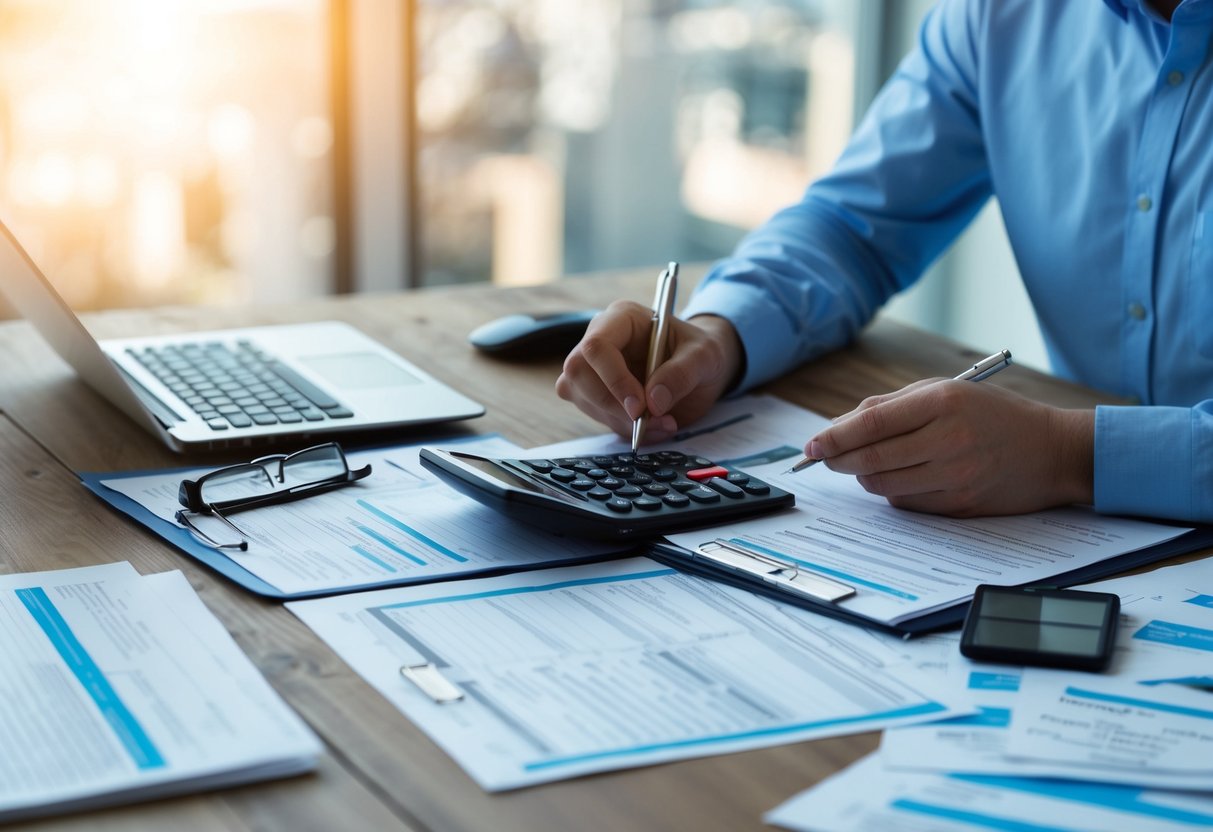 A person researching and filling out tax forms at a cluttered desk with a calculator and financial documents spread out