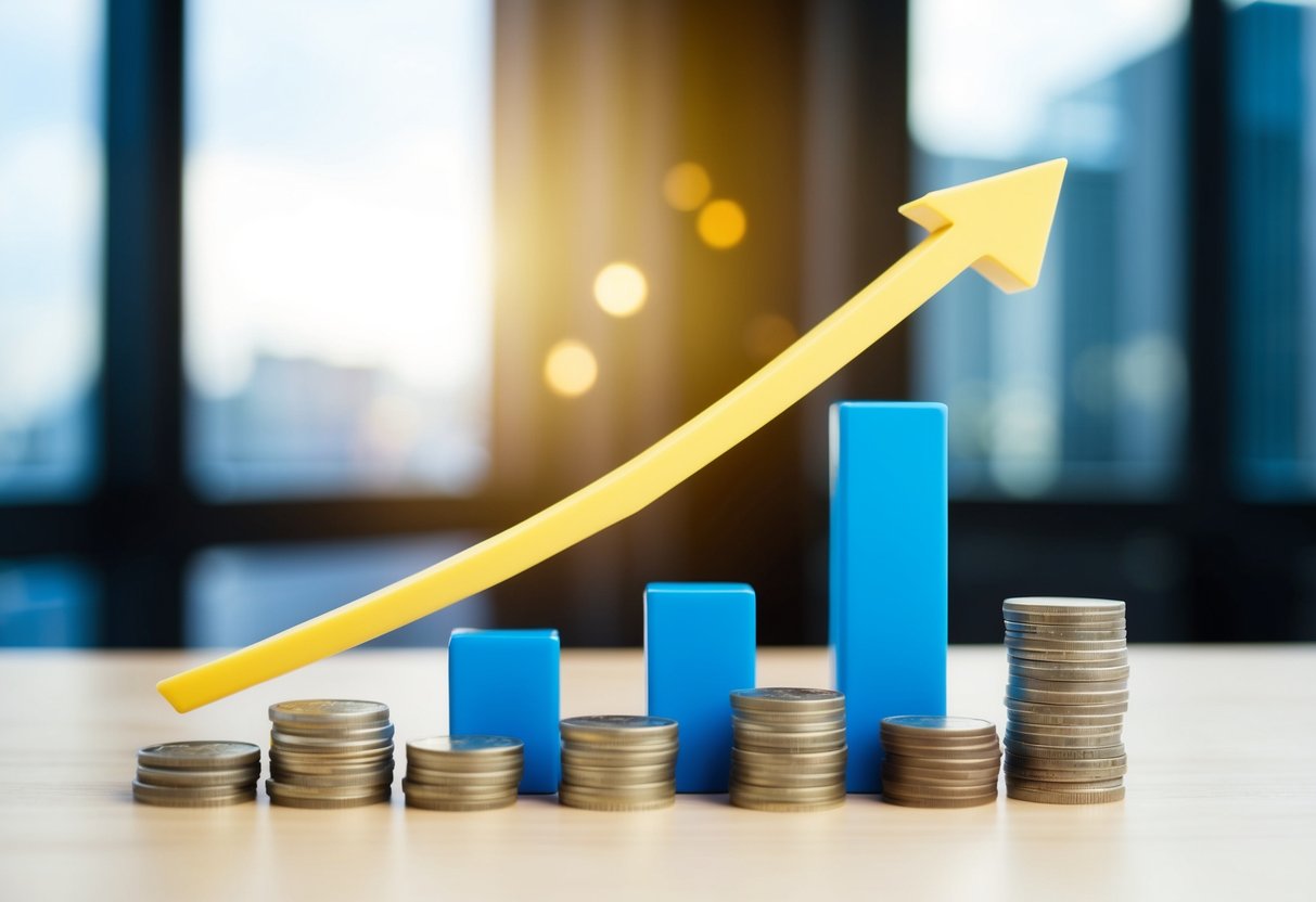 A stack of coins and a bar graph with an upward trend, representing financial growth and investment in capital gains tax