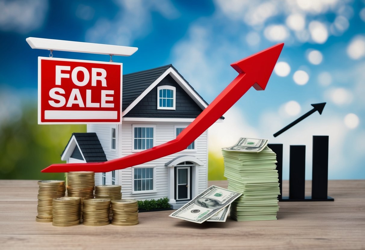 A house with a "For Sale" sign and a downward arrow representing decreasing value. A stack of money with a minus sign, and a graph showing a downward trend